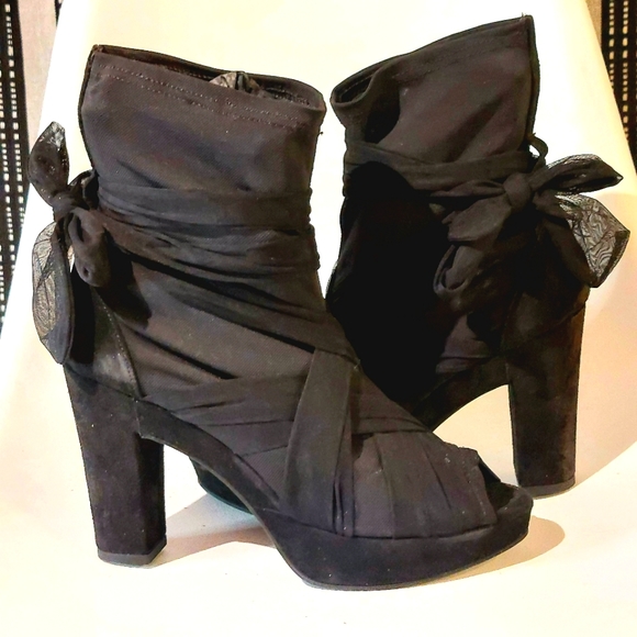 Strategia black suede & fabric platform sock bootie w tulle ties, EU41, NWT - Picture 2 of 14